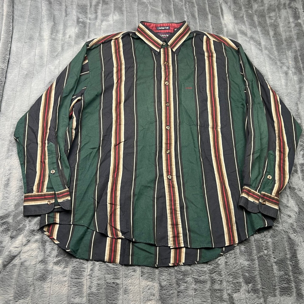 Gant Heritage Twill Striped Button Down Shirt Mens XL Green Navy Burgundy 14003